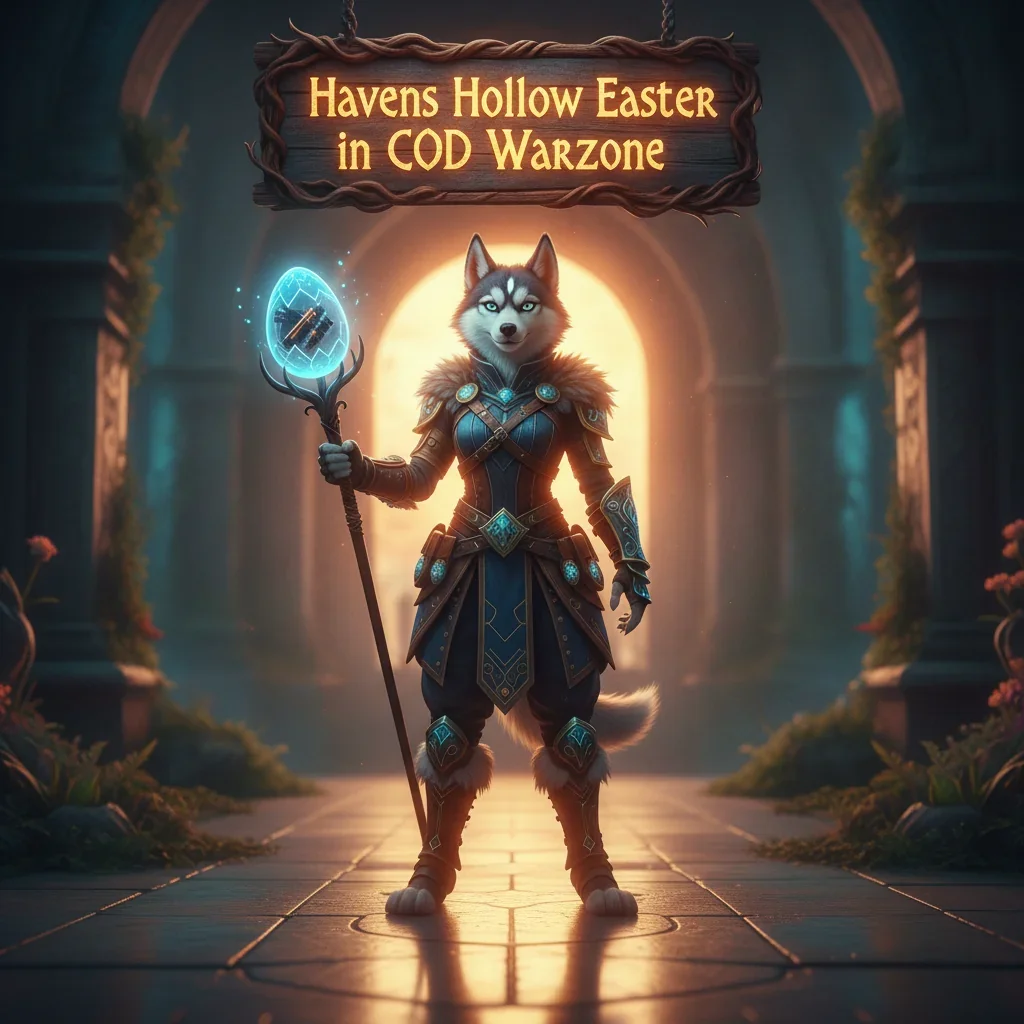 Fantasy artwork featuring an anthropomorphic husky character in an ancient environment, themed around Havens Hollow Easter Egg challenges.