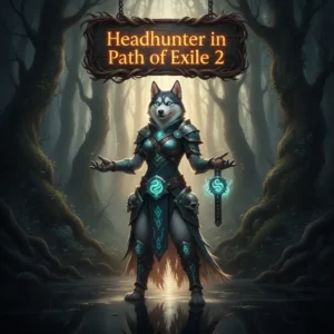 Fantasy artwork of an anthropomorphic Husky character, armored and focused on Headhunter item acquisition in Path of Exile 2.