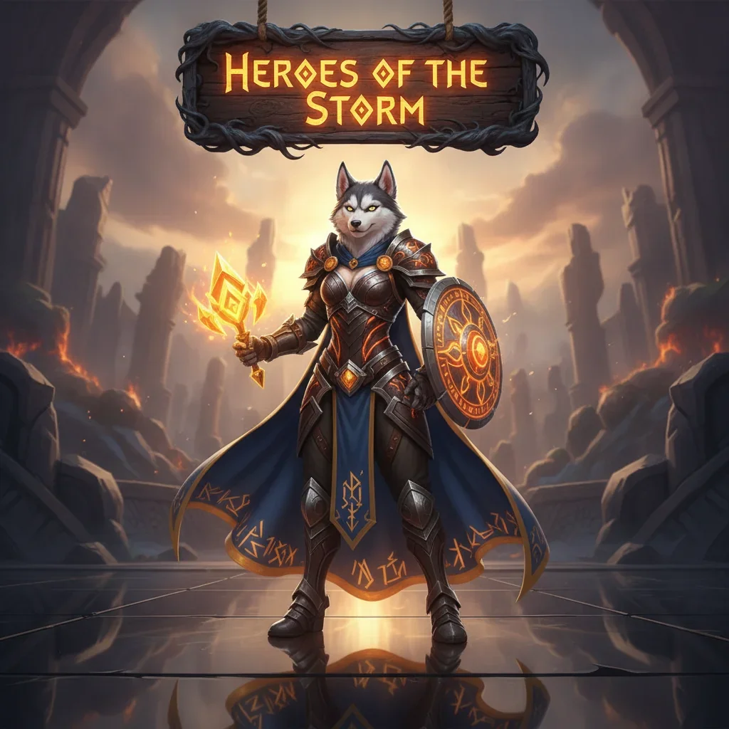 A fantasy game-inspired image featuring an anthropomorphic husky in armor, representing Heroes of the Storm content.