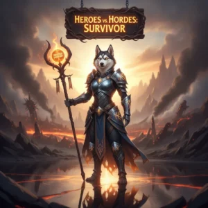 Fantasy game promotional artwork featuring an anthropomorphic husky character amidst a challenging horde.
