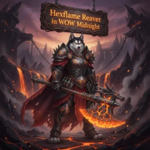An anthropomorphic husky warrior in fantasy armor, representing Hexflame Reaver objectives and endgame content in the WoW Midnight expansion.