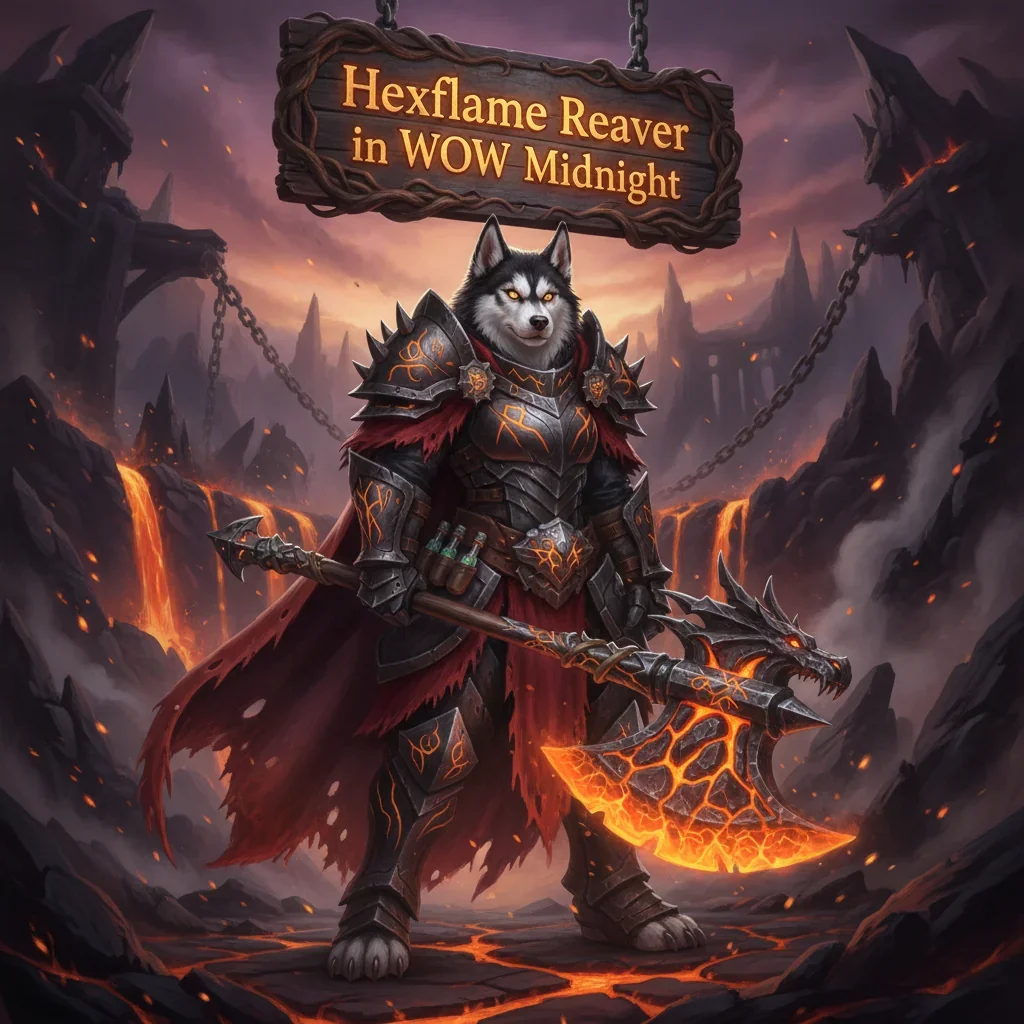An anthropomorphic husky warrior in fantasy armor, representing Hexflame Reaver objectives and endgame content in the WoW Midnight expansion.