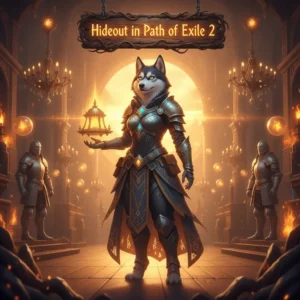 Fantasy artwork featuring an anthropomorphic Husky in ornate armor within a mystical hideout, related to Path of Exile 2's hideout progression system.