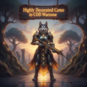 Anthropomorphic Husky character in fantasy themed attire, in artwork representing highly decorated weapon camouflages and competitive game cosmetic unlock objectives.