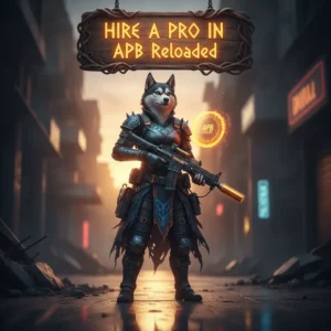 Fantasy artwork featuring an anthropomorphic Husky character, themed around hiring a professional for APB Reloaded game content.