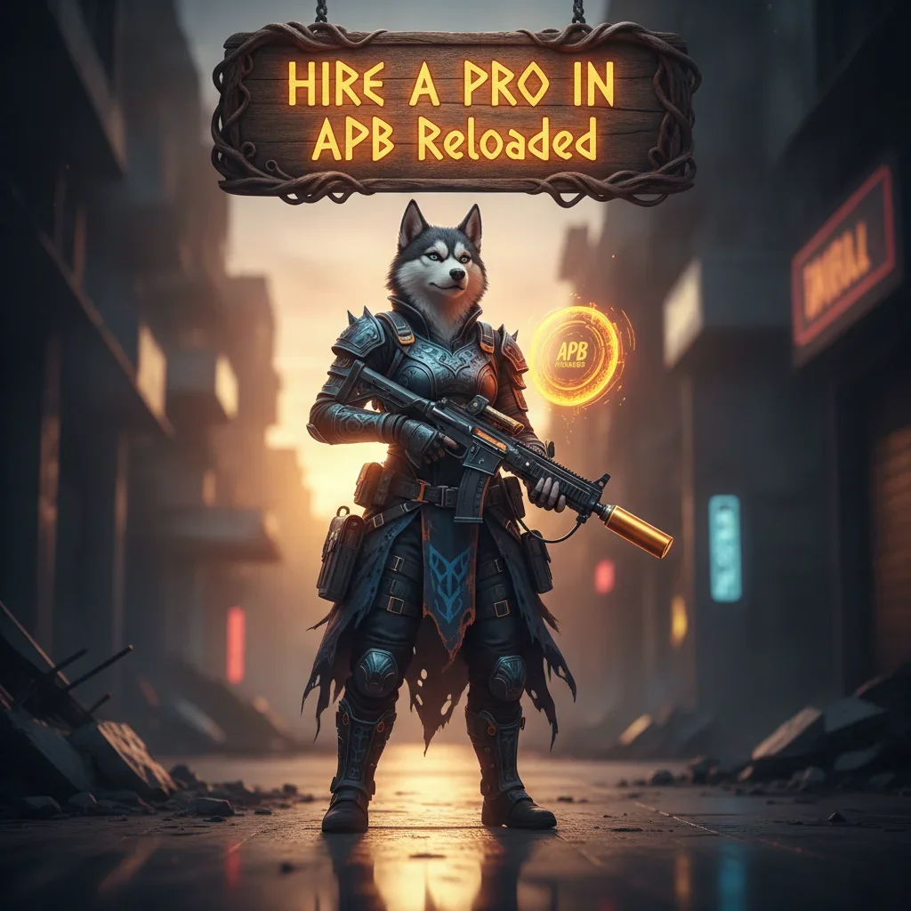 Fantasy artwork featuring an anthropomorphic Husky character, themed around hiring a professional for APB Reloaded game content.