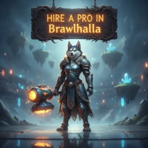 Fantasy artwork featuring an anthropomorphic husky character, armored and ready for battle, representing competitive gaming in Brawlhalla.