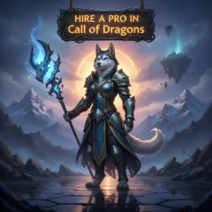 Fantasy artwork featuring an anthropomorphic husky character in an armored outfit, themed around Call of Dragons game content.
