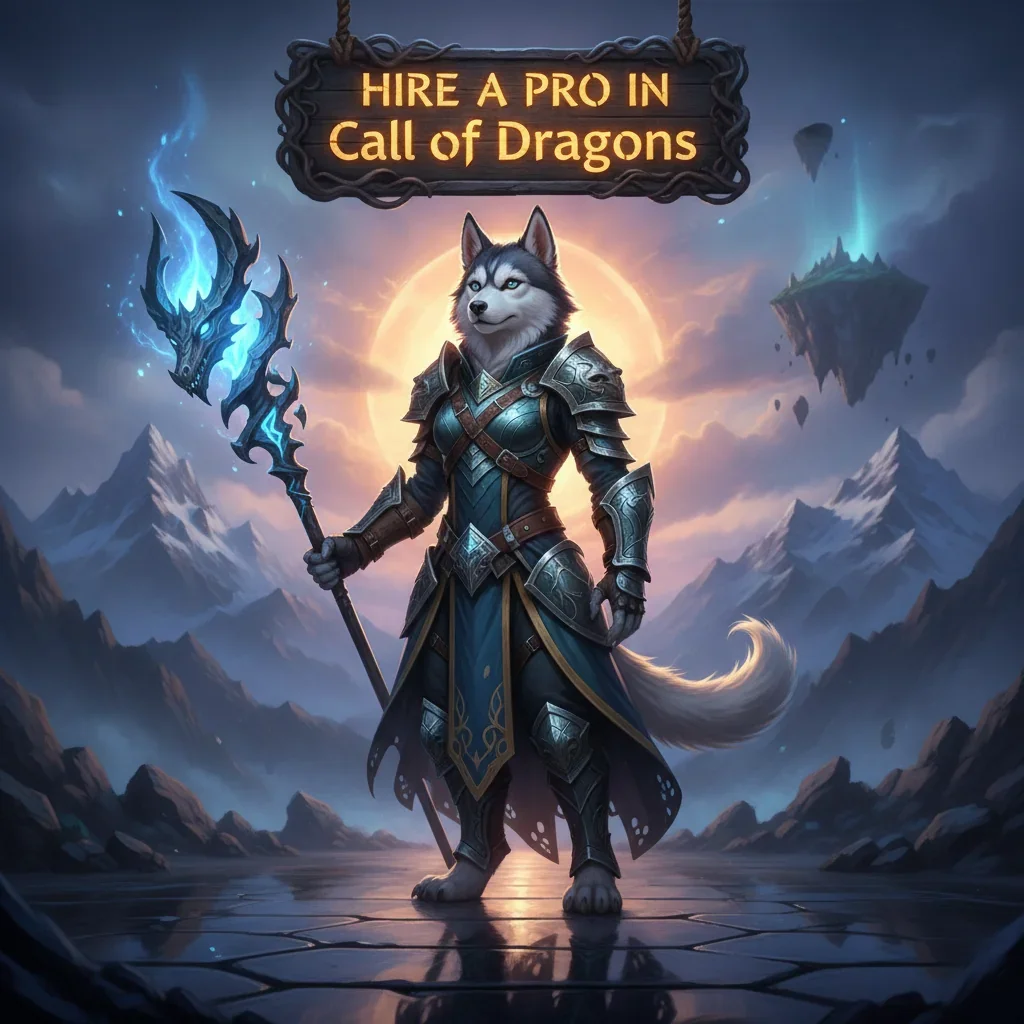 Fantasy artwork featuring an anthropomorphic husky character in an armored outfit, themed around Call of Dragons game content.