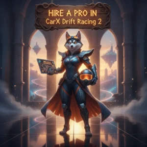 Fantasy artwork featuring an anthropomorphic husky character in racing gear, themed around CarX Drift Racing 2 game content.