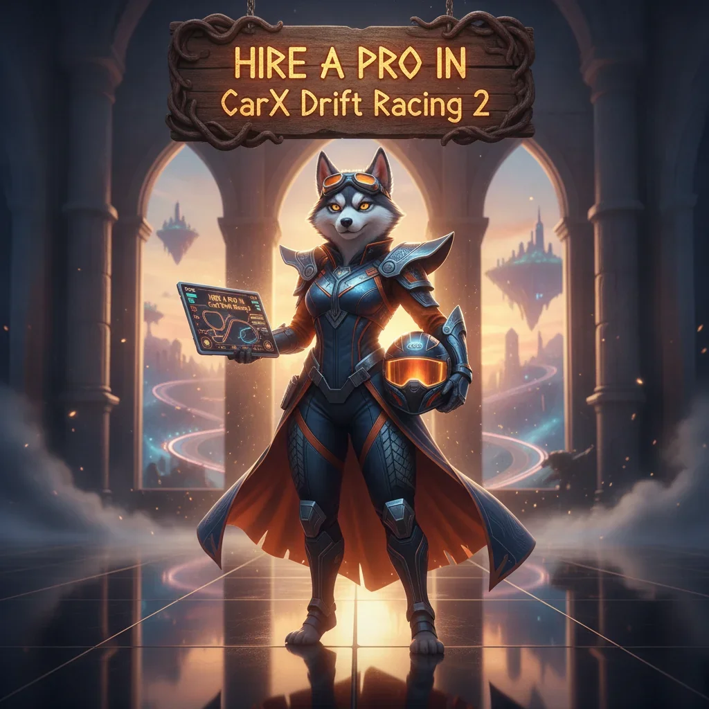 Fantasy artwork featuring an anthropomorphic husky character in racing gear, themed around CarX Drift Racing 2 game content.