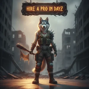Fantasy artwork featuring an anthropomorphic Husky in a post-apocalyptic setting, themed around survival game content and objectives.