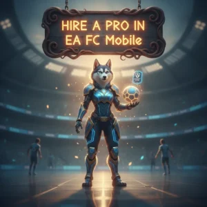 Fantasy game-inspired artwork featuring an anthropomorphic husky in a suit, themed around hiring a professional for EA FC Mobile content.