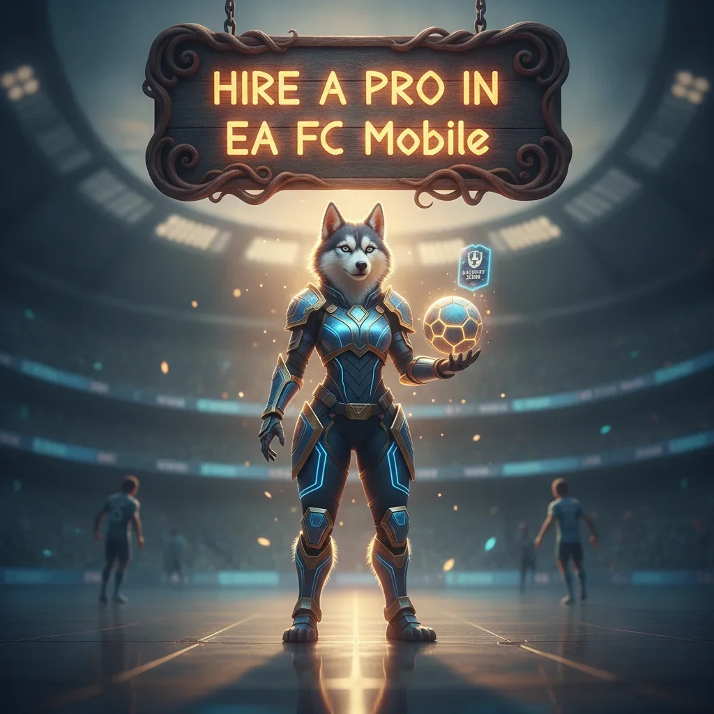 Fantasy game-inspired artwork featuring an anthropomorphic husky in a suit, themed around hiring a professional for EA FC Mobile content.
