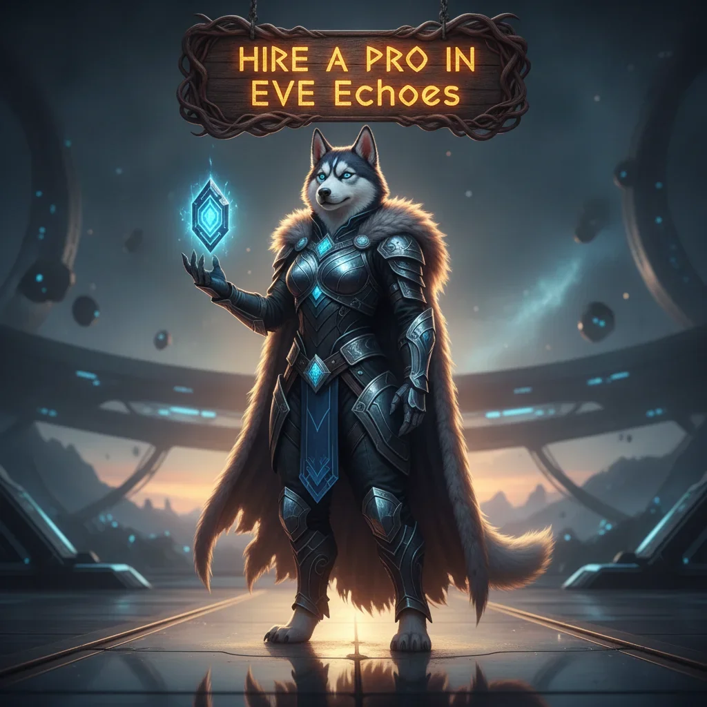 A fantasy artwork featuring an anthropomorphic Husky character, inspired by the theme of hiring a pro in EVE Echoes for various game objectives.