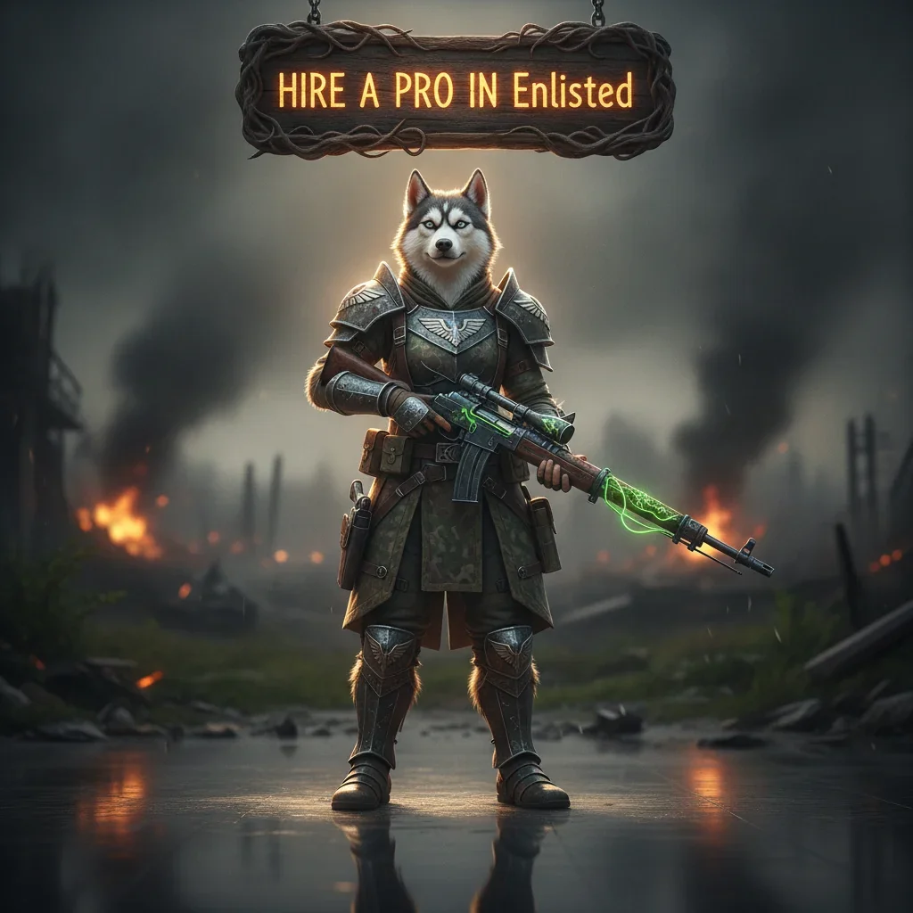 A fantasy game-inspired image featuring an anthropomorphic husky character in a themed outfit, representing Enlisted game content.