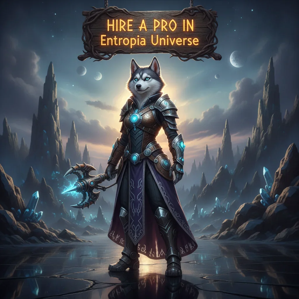 Fantasy game-inspired artwork featuring an anthropomorphic Husky character in a futuristic fantasy environment, representing service provision in Entropia Universe.