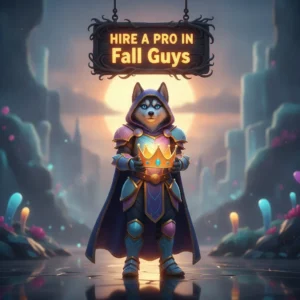 Fantasy artwork featuring an anthropomorphic Husky in a themed outfit, related to Fall Guys game objectives and challenges.