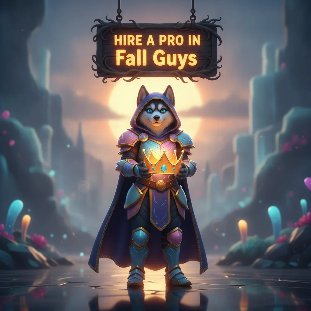 Fantasy artwork featuring an anthropomorphic Husky in a themed outfit, related to Fall Guys game objectives and challenges.