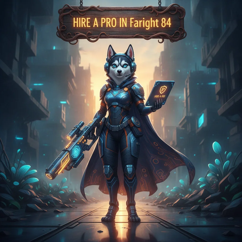 An anthropomorphic Husky character in a futuristic combat outfit, representing skilled gameplay in Farlight 84 content.
