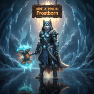 Fantasy game-inspired artwork featuring an anthropomorphic husky character, themed around hiring a pro for Frostborn content.