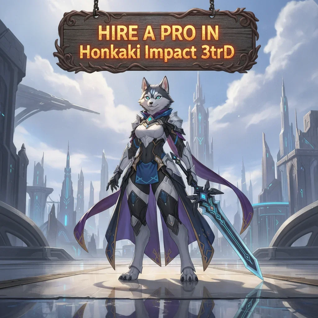 An anthropomorphic Husky character in fantasy armor, representing expert assistance in Honkai Impact 3rd game content.