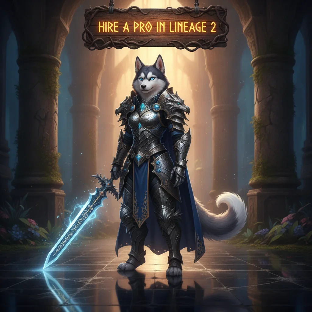 Fantasy game-inspired artwork featuring an anthropomorphic Husky character, themed around content and objectives in Lineage 2.