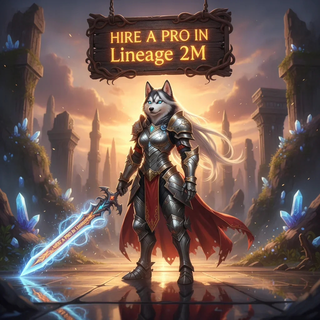 A fantasy game-inspired image featuring an anthropomorphic Husky character in elaborate armor, set in a mystical game environment.