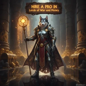 A fantasy game-inspired image featuring an anthropomorphic husky character in detailed armor, set against a backdrop of a grand fantasy kingdom, representing strategic gameplay and resource management.