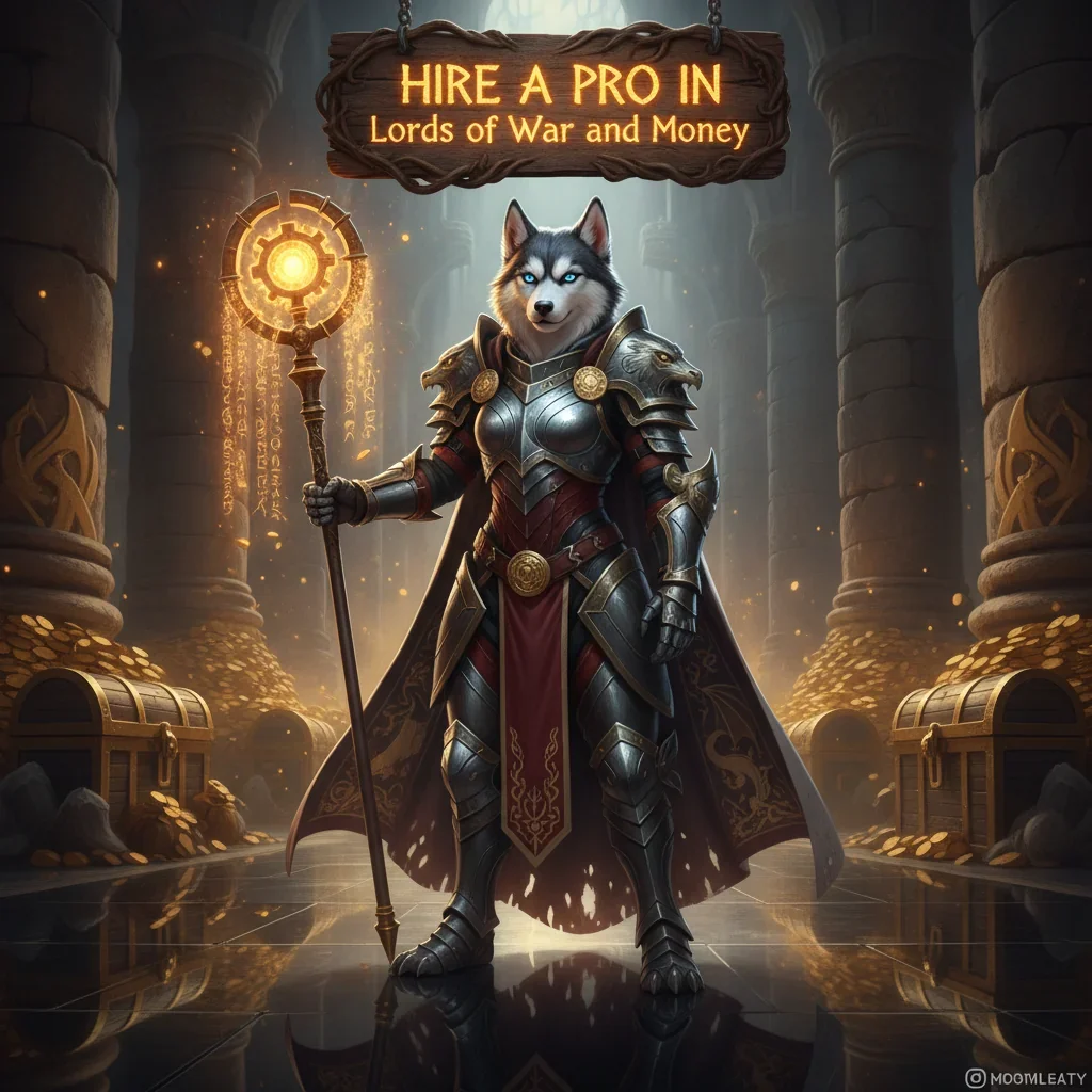 A fantasy game-inspired image featuring an anthropomorphic husky character in detailed armor, set against a backdrop of a grand fantasy kingdom, representing strategic gameplay and resource management.
