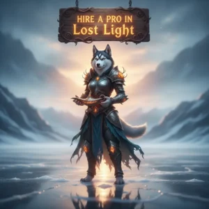 Artwork of an anthropomorphic husky character in tactical gear, themed around hiring services in the game Lost Light.
