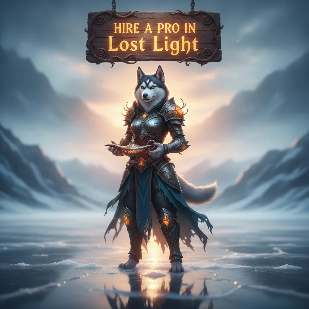 Artwork of an anthropomorphic husky character in tactical gear, themed around hiring services in the game Lost Light.