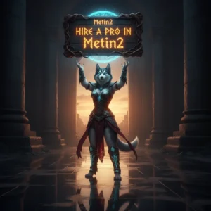 A fantasy game-inspired image featuring an anthropomorphic Husky character in armor, representing hired assistance in Metin2.