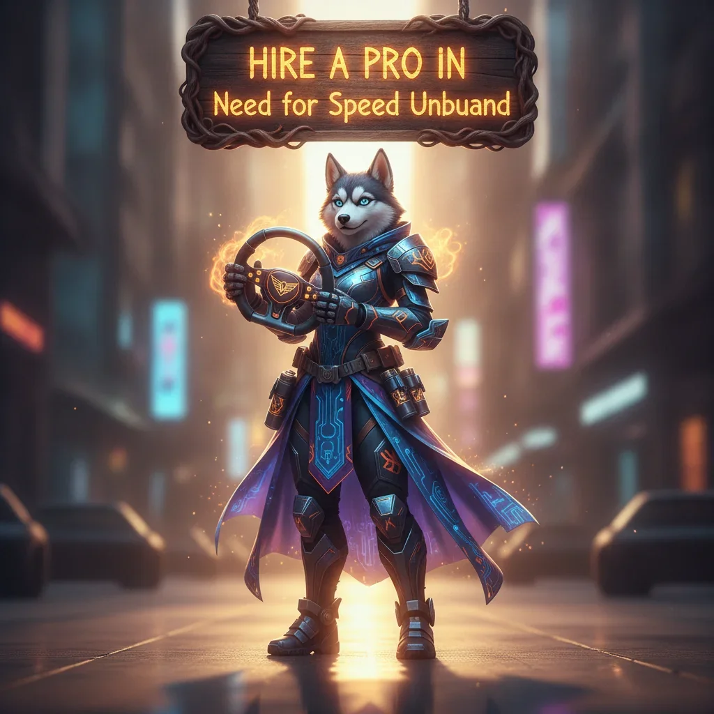 A fantasy artwork featuring an anthropomorphic Husky in racing attire, themed around Need for Speed Unbound content and objectives.