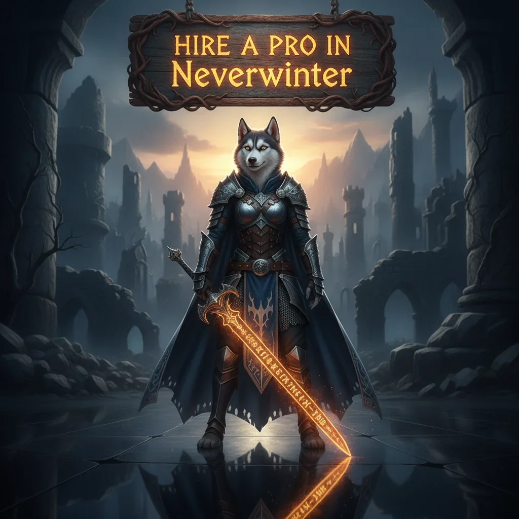 A fantasy artwork featuring an anthropomorphic Husky character, wearing medieval armor and a cape, standing in a castle courtyard.
