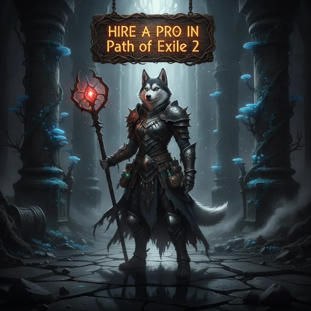 An anthropomorphic Husky character in a dark fantasy setting, representing Path of Exile 2 content.