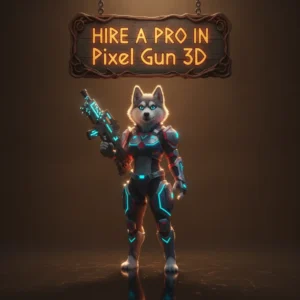 An anthropomorphic husky character in fantasy clothing, standing in a game-inspired environment, representing Pixel Gun 3D themed content.
