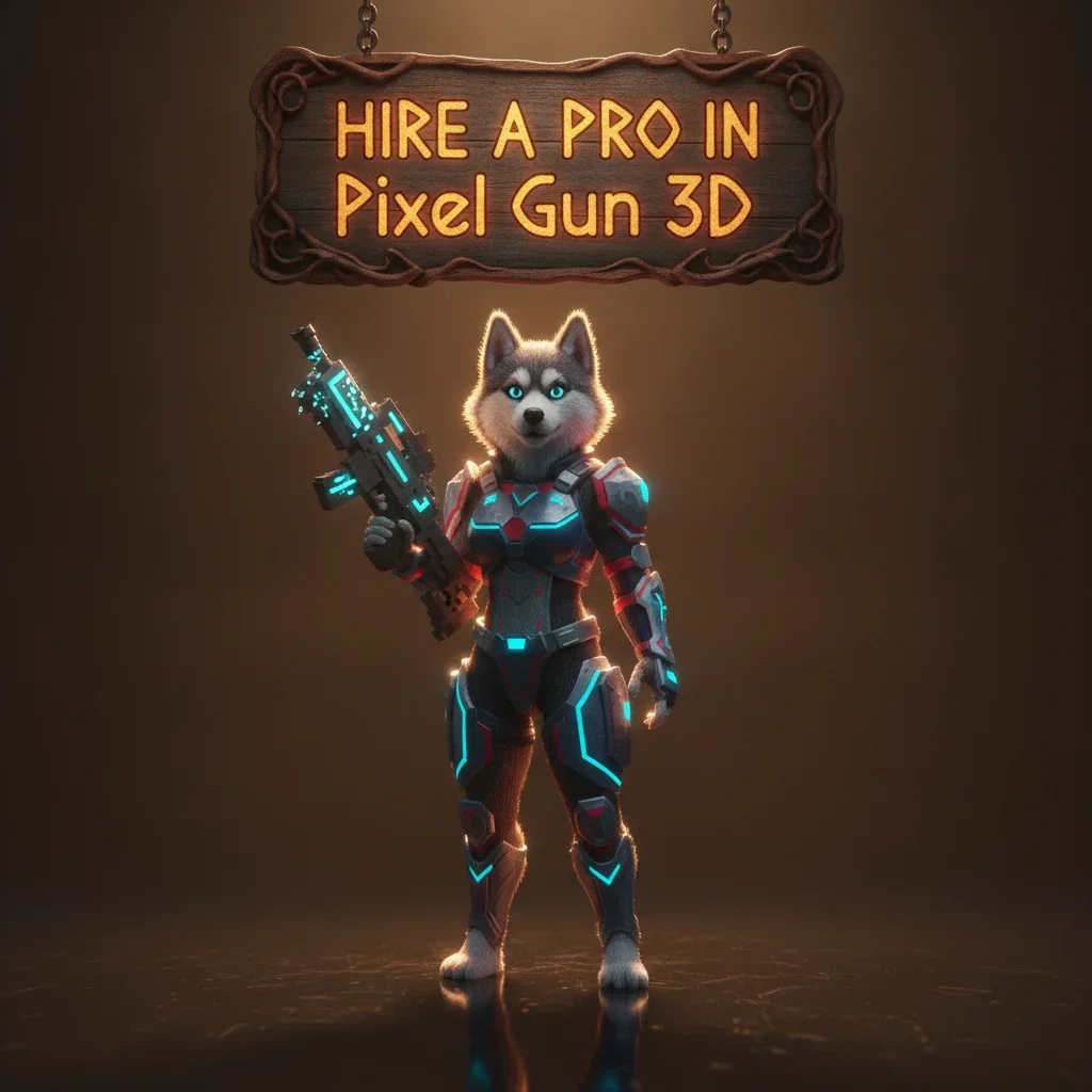An anthropomorphic husky character in fantasy clothing, standing in a game-inspired environment, representing Pixel Gun 3D themed content.