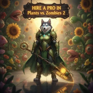 An anthropomorphic Husky character, dressed in fantasy attire, stands within a vibrant game-inspired environment related to Plants vs. Zombies 2 content.