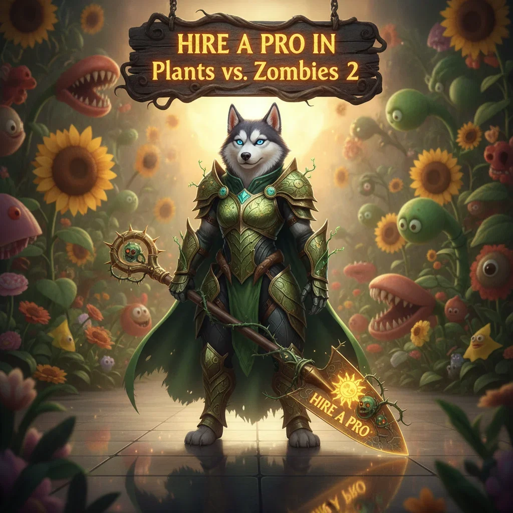 An anthropomorphic Husky character, dressed in fantasy attire, stands within a vibrant game-inspired environment related to Plants vs. Zombies 2 content.