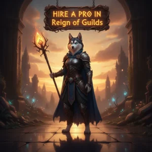 An anthropomorphic Husky character in fantasy armor, representing the 'Hire a Pro' service for Reign of Guilds.