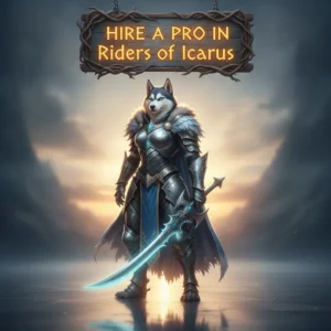 An anthropomorphic Husky character in elaborate fantasy armor, wielding magical energy, with dragon riders flying in a dramatic sky above a floating island landscape.