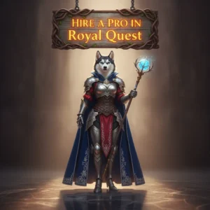 A fantasy game-inspired image featuring an anthropomorphic Husky character, wearing elaborate fantasy armor, standing in a magical, game-themed environment.