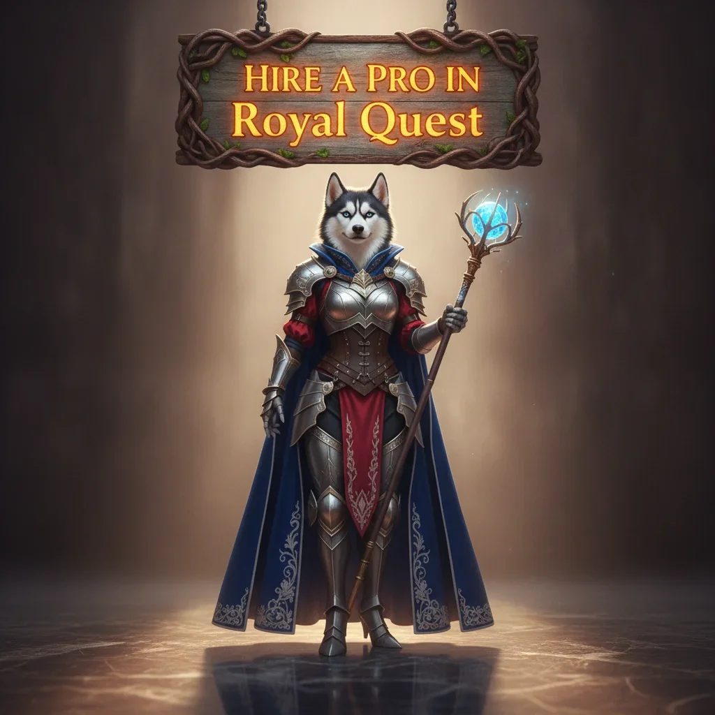 A fantasy game-inspired image featuring an anthropomorphic Husky character, wearing elaborate fantasy armor, standing in a magical, game-themed environment.