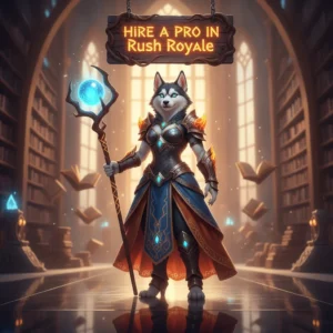 Anthropomorphic Husky character in fantasy armor, themed around acquiring professional assistance in Rush Royale.