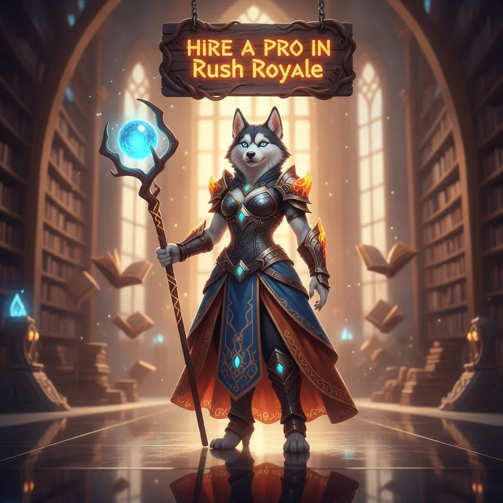 Anthropomorphic Husky character in fantasy armor, themed around acquiring professional assistance in Rush Royale.