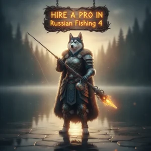 An anthropomorphic Husky character in fantasy clothing within a game-inspired environment, representing Russian Fishing 4 content.