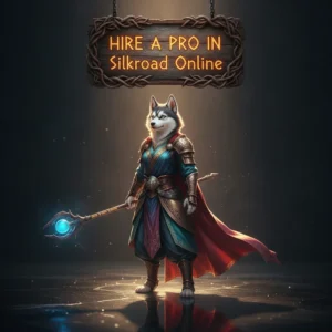 Fantasy artwork of an anthropomorphic husky character in a desert setting, inspired by character progression in Silkroad Online.