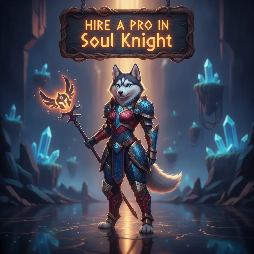 Fantasy artwork featuring an anthropomorphic Husky character, themed around hiring services in the game Soul Knight.