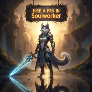 An anthropomorphic Husky character in fantasy armor, representing the theme of hiring a professional in Soulworker.